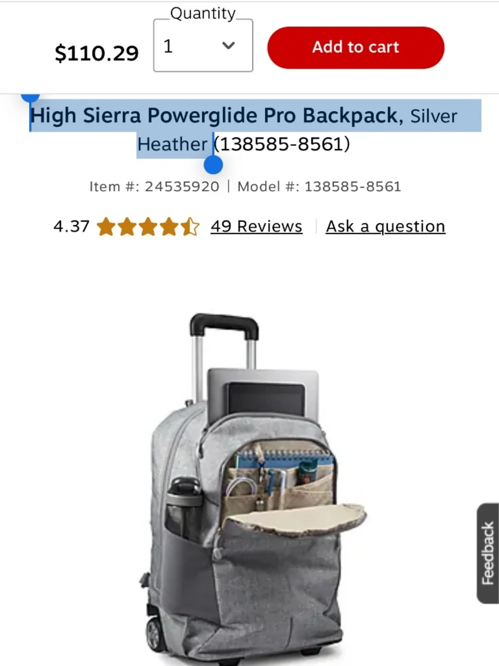High Sierra Powerglide Pro Backpack, Silver Heather
